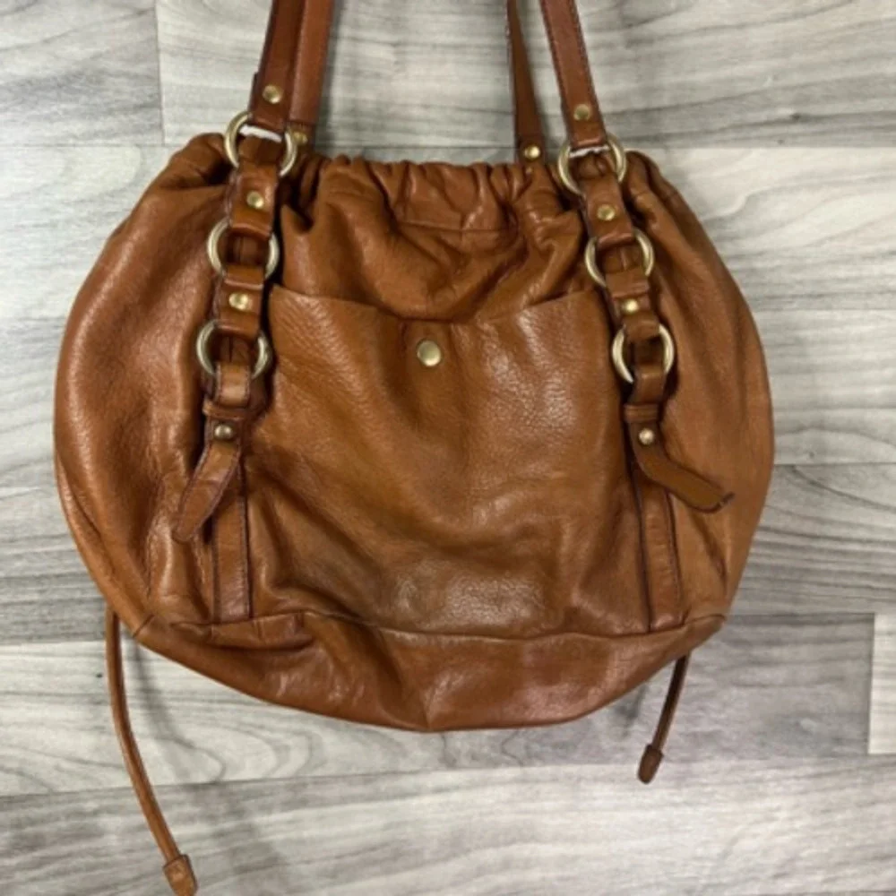 J.Crew Womens Hobo Handbag Brown Leather Drawstring Outer Pocket‎ Hardware S